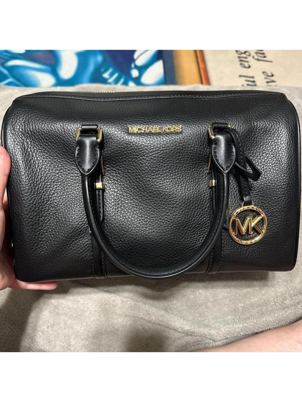 Michael Kors Pebble Leather Bowling Bag Satchel with Crossbody Strap - Black